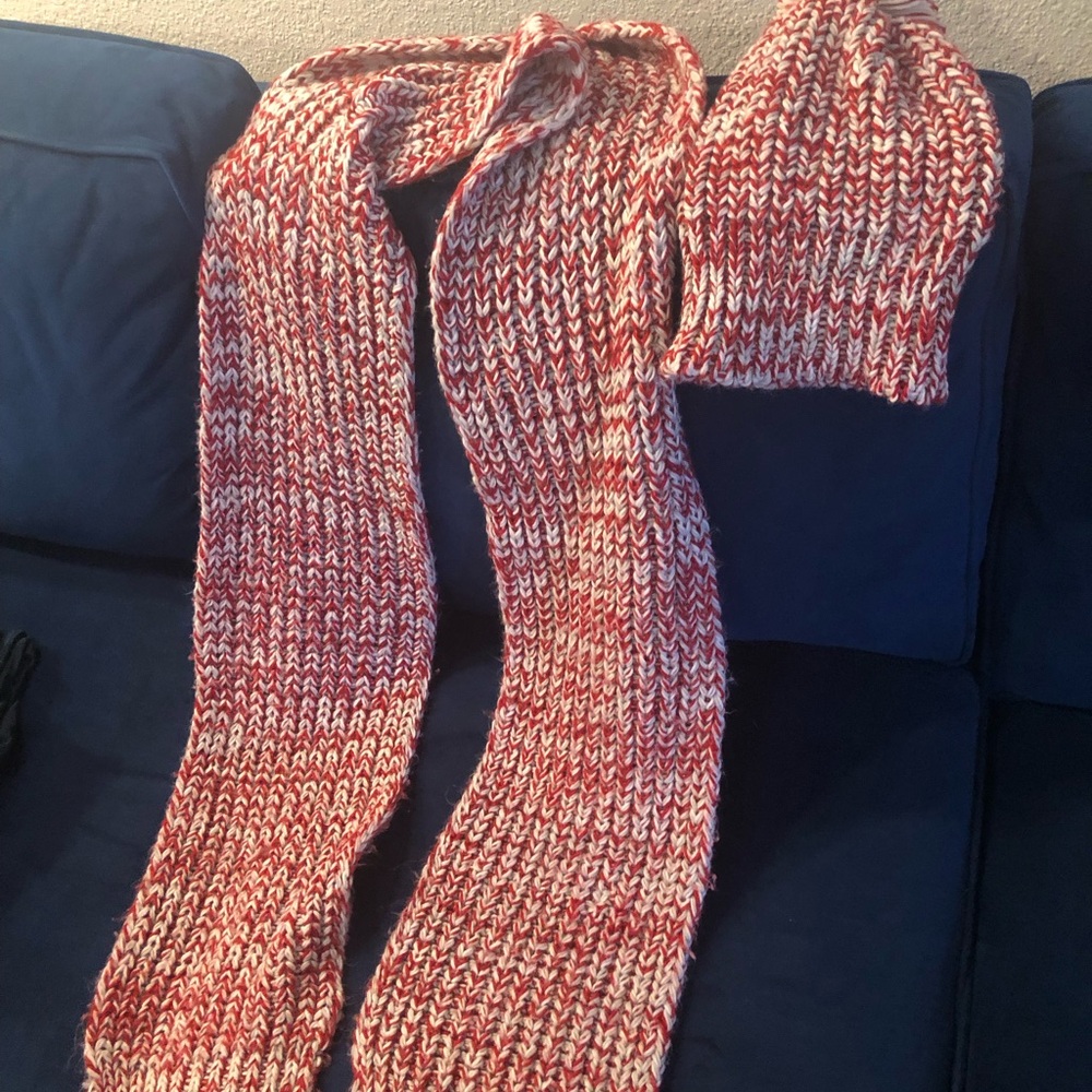 Woman Within Red and White Marled Knit Scarf & Beanie Set